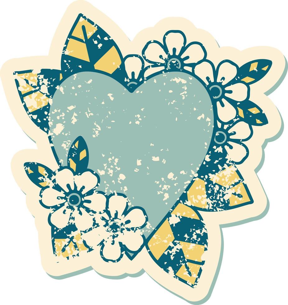 iconic distressed sticker tattoo style image of a botanical heart vector