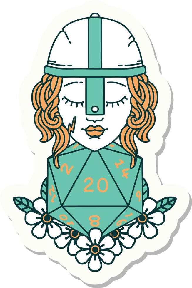 sticker of a human fighter with natural 20 D20 dice roll vector