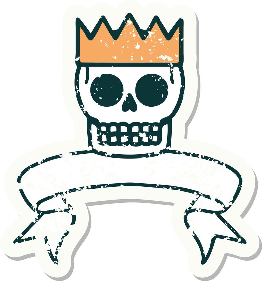worn old sticker with banner of a skull and crown vector