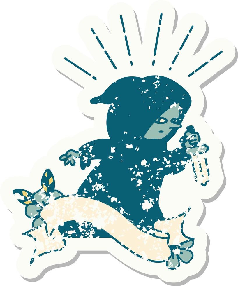 worn old sticker of a tattoo style assassin with knife vector