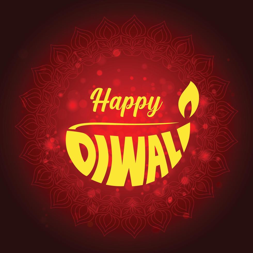 diseño de tipografía festiva del festival diwali con lámpara diya e iluminación de fuego sobre fondo de color rojo vector