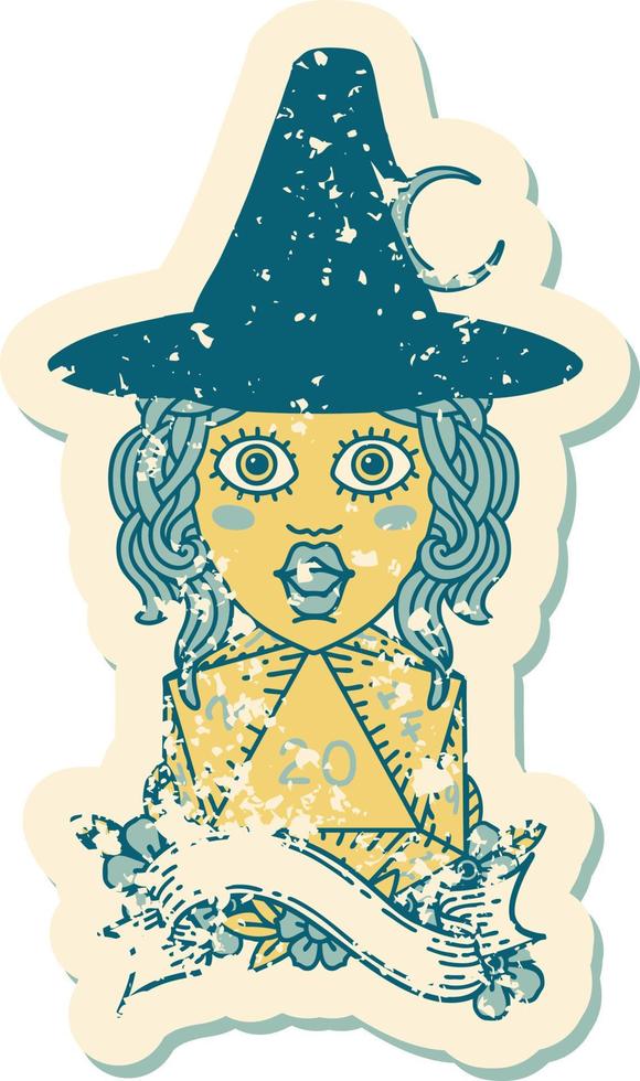 Retro Tattoo Style human mage with natural 20 D20 dice roll vector