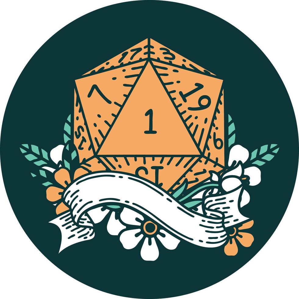 icon of natural one d20 dice roll vector