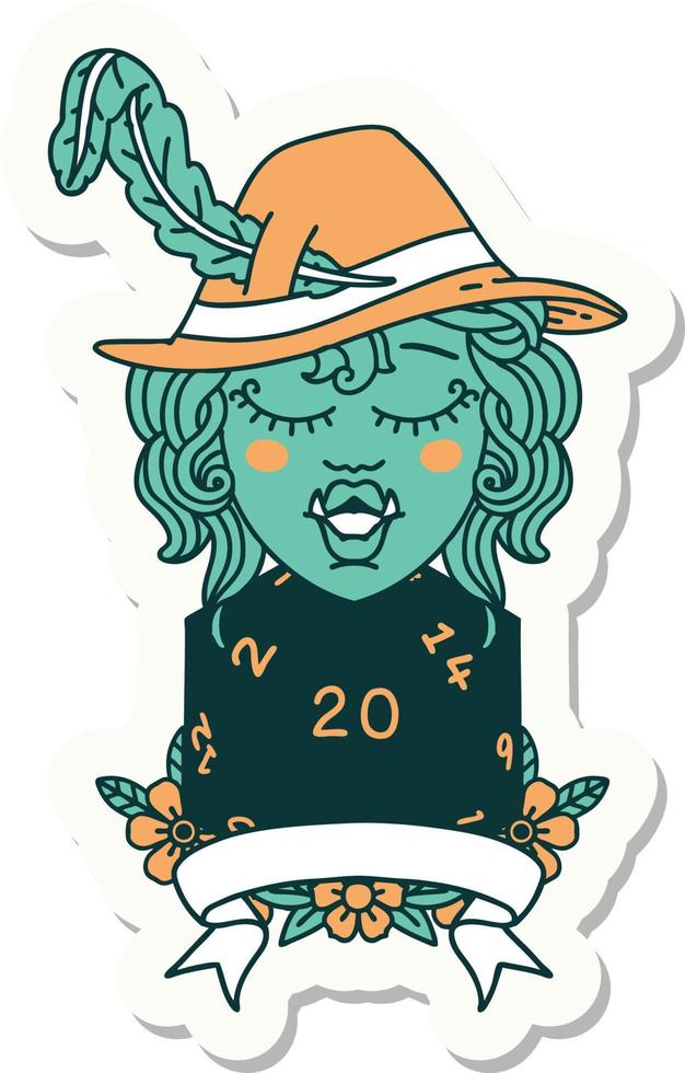 sticker of a half orc bard with natural 20 dice roll vector