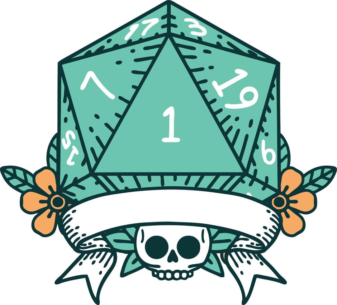 Retro Tattoo Style natural one d20 dice roll vector