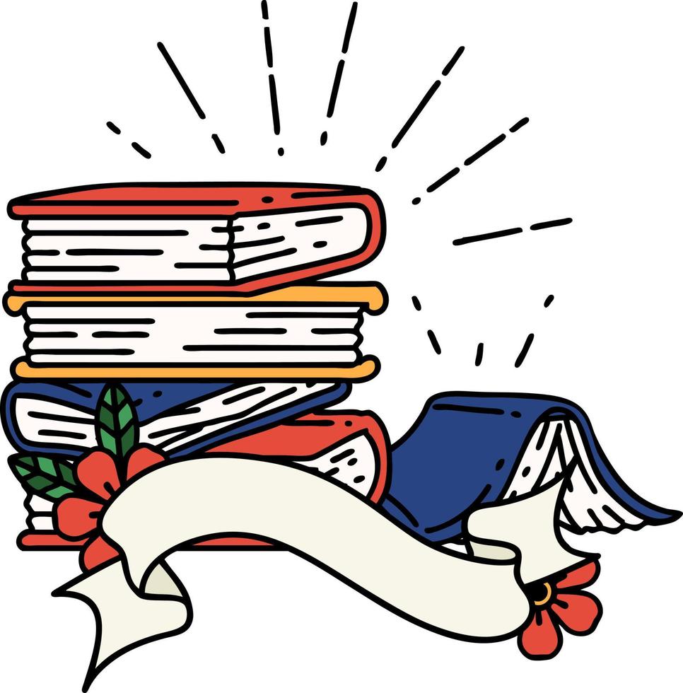 scroll banner with tattoo style stack of books vector