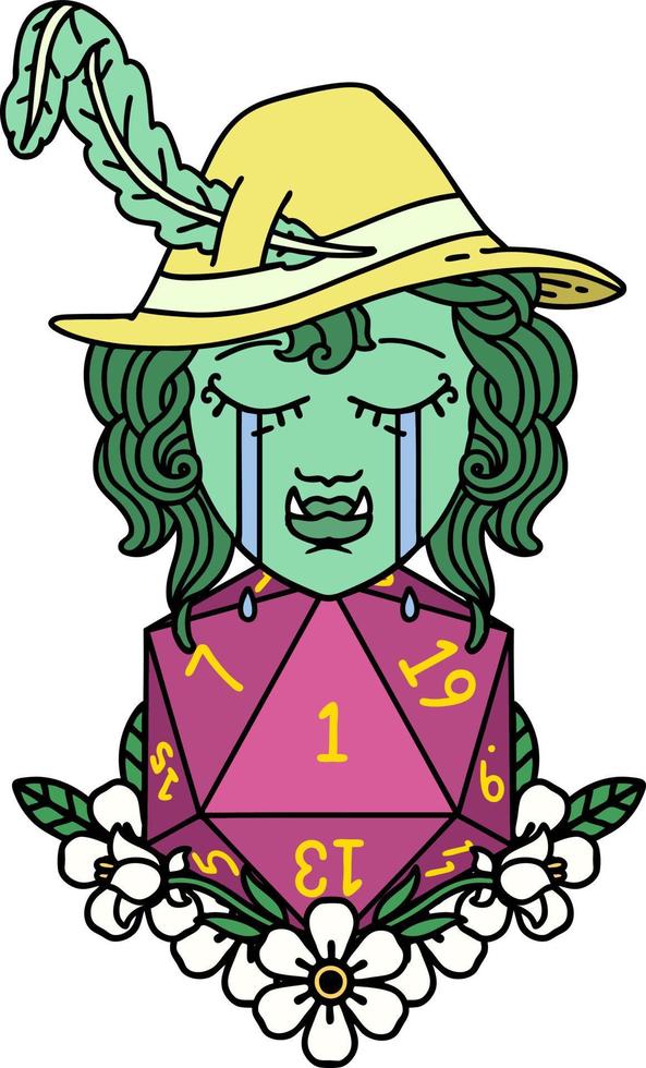 estilo de tatuaje retro personaje de bardo medio orco triste con un rollo d20 natural vector