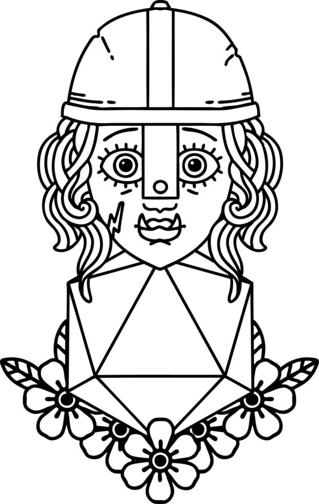 Black and White Tattoo linework Style half orc fighter character with natural twenty dice roll vector