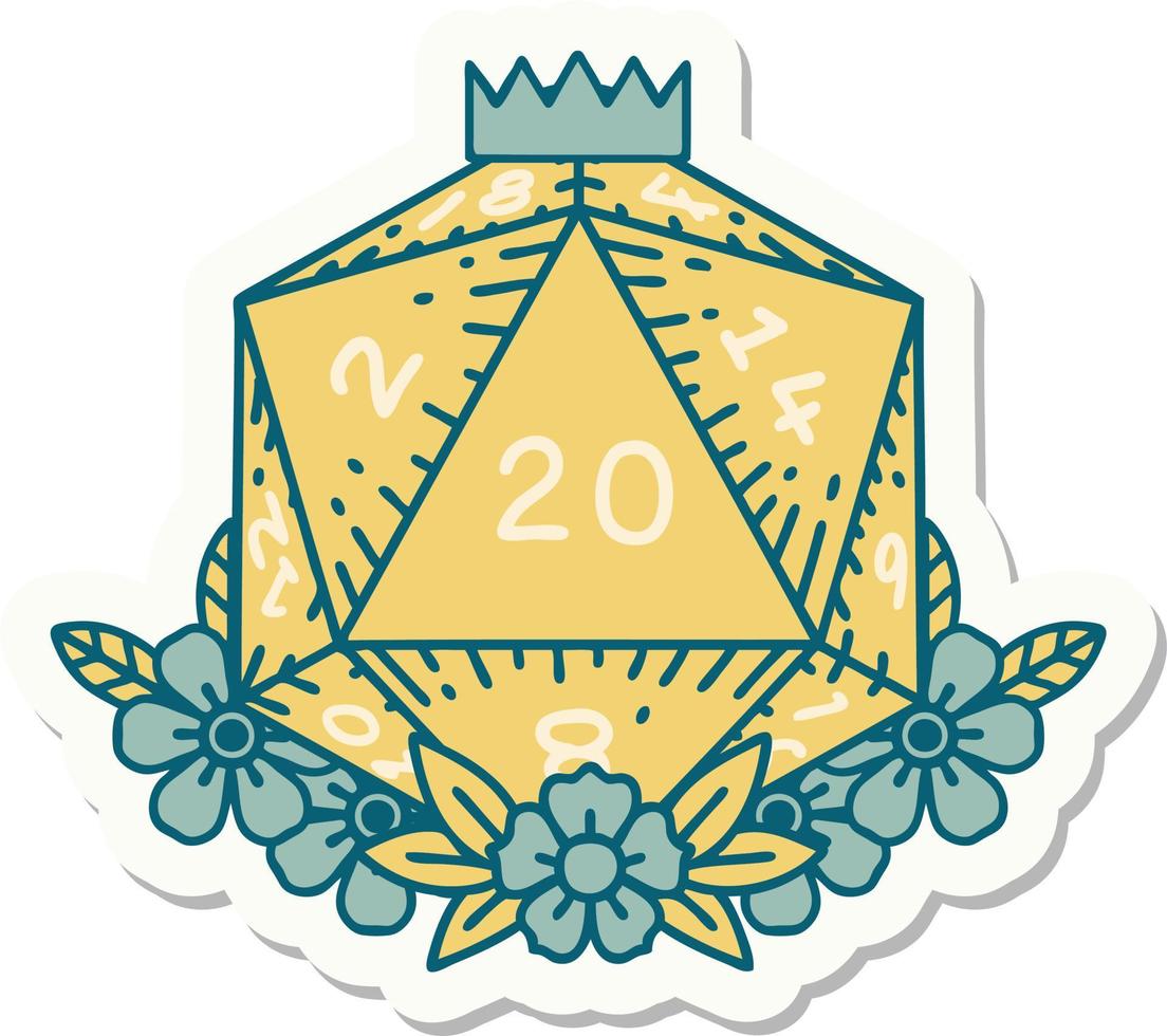 sticker of a natural 20 D20 dice roll with floral elements vector