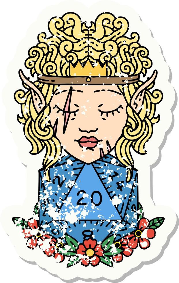 grunge sticker of a elf barbarian character with natural 20 dice roll vector