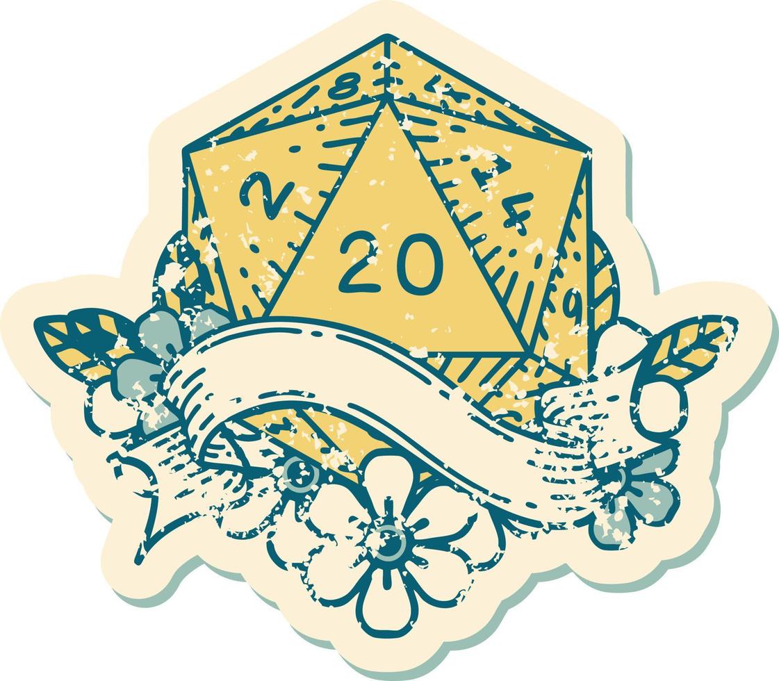 Retro Tattoo Style natural twenty D20 dice roll vector