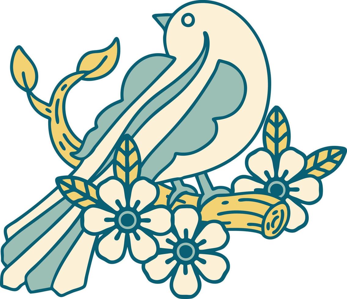 iconic tattoo style image of a bird on a branch vector