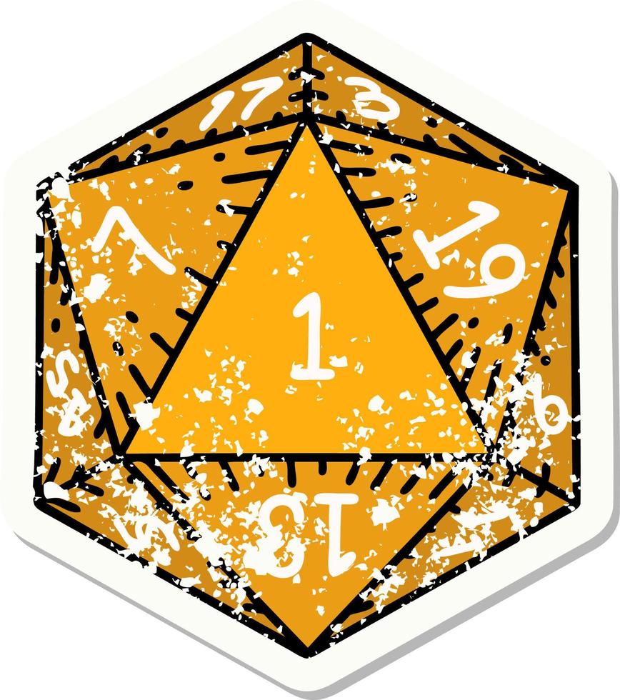 grunge sticker of a natural 1 D20 dice roll vector