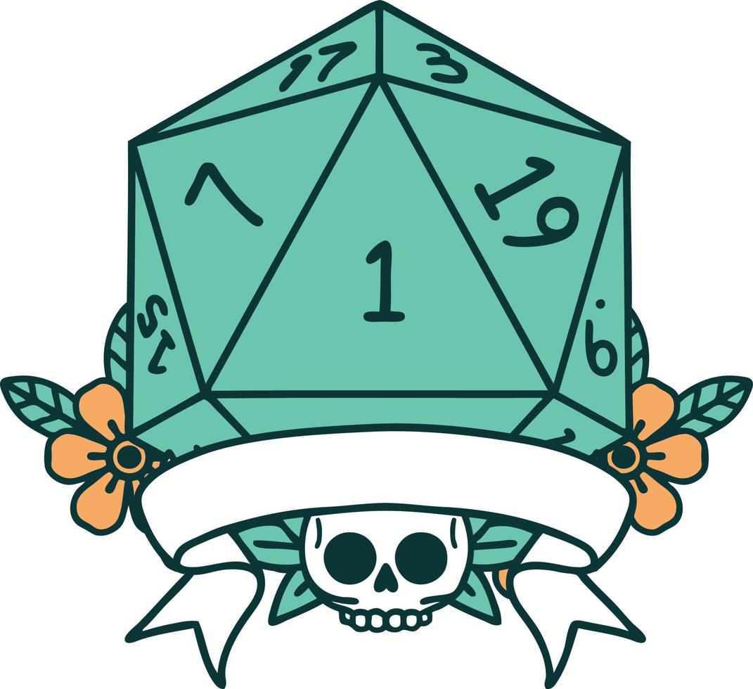 estilo de tatuaje retro natural uno d20 tirada de dados vector