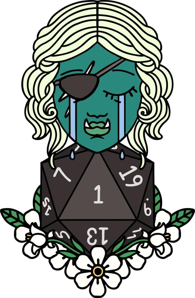Retro Tattoo Style crying half orc rogue character with natural one D20 roll vector