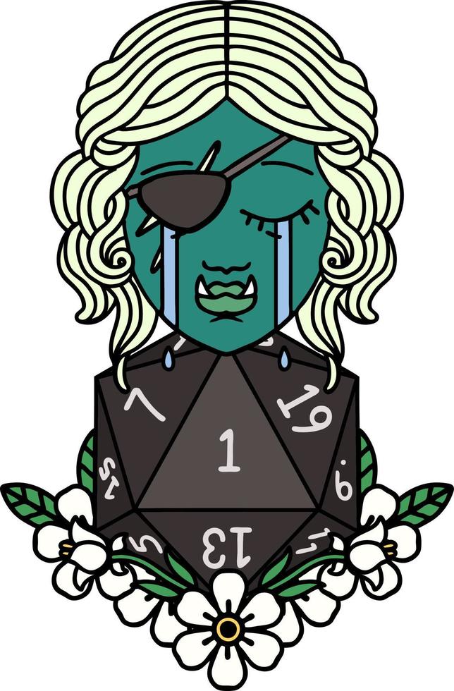 estilo de tatuaje retro llorando medio orco personaje pícaro con un rollo natural d20 vector