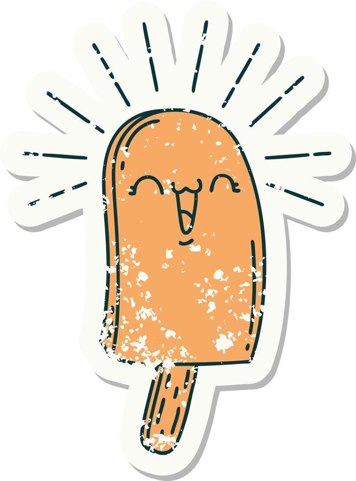 worn old sticker of a tattoo style ice lolly vector