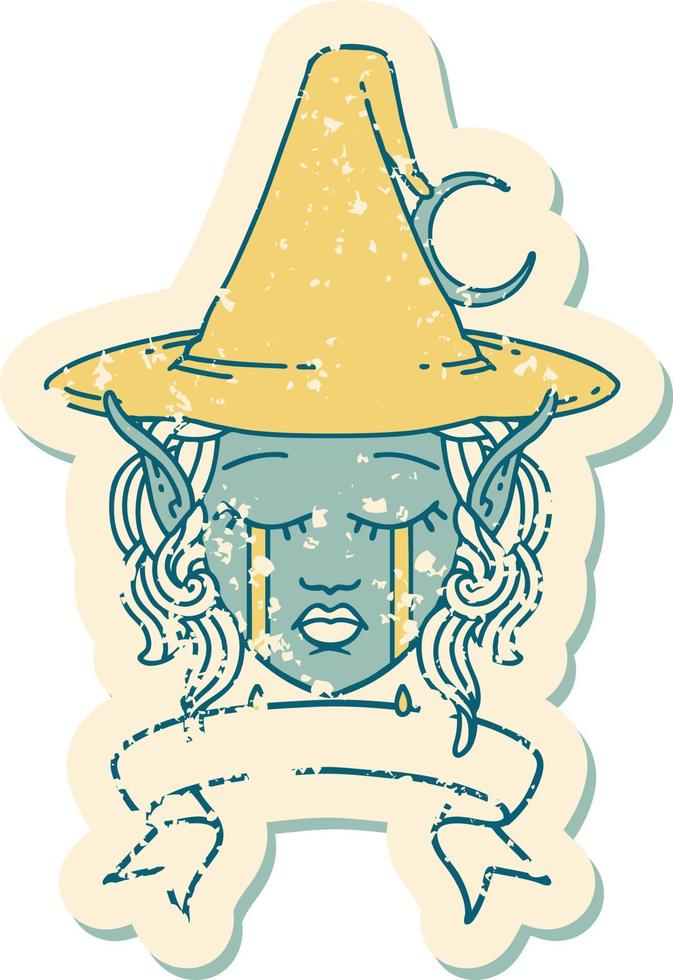 Retro Tattoo Style crying elf mage character face wiht banner vector