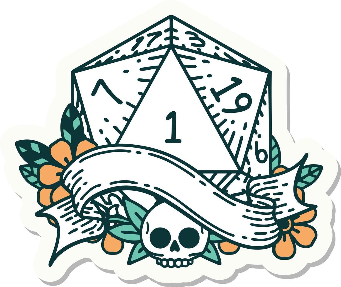 sticker of a natural one d20 dice roll vector
