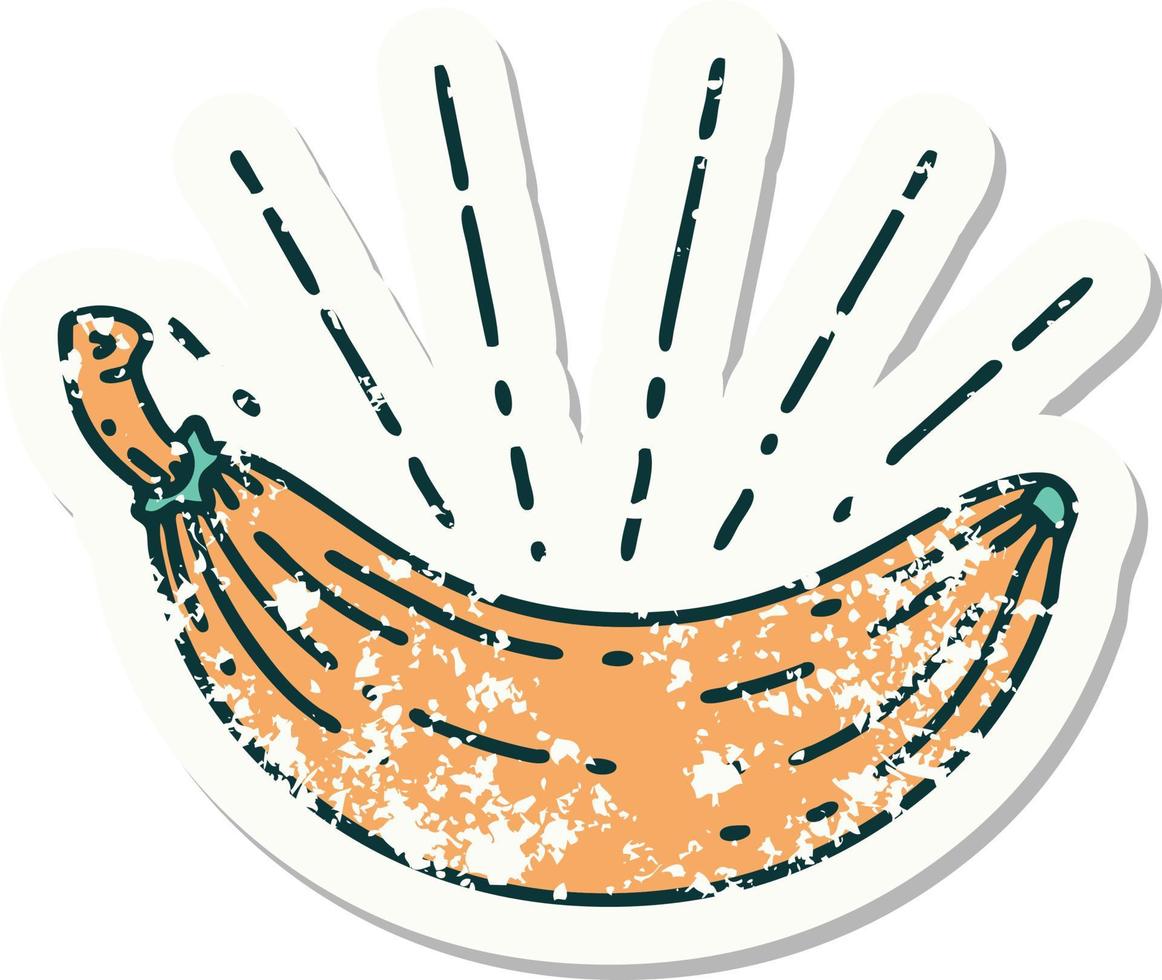 worn old sticker of a tattoo style banana vector