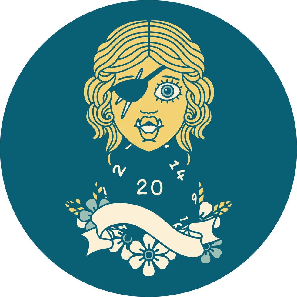Retro Tattoo Style half orc rogue with natural twenty dice roll vector