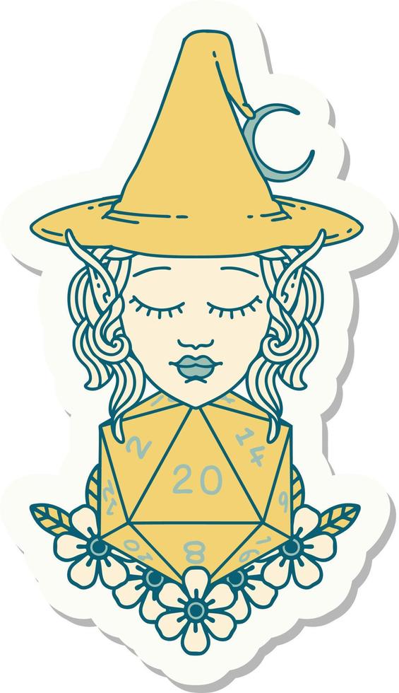 sticker of a elf mage character with natural twenty dice roll vector