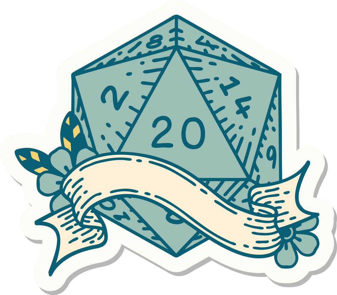 sticker of a natural twenty D20 dice roll vector