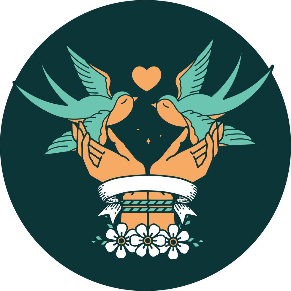 tattoo style icon with banner of tied hands and swallows vector