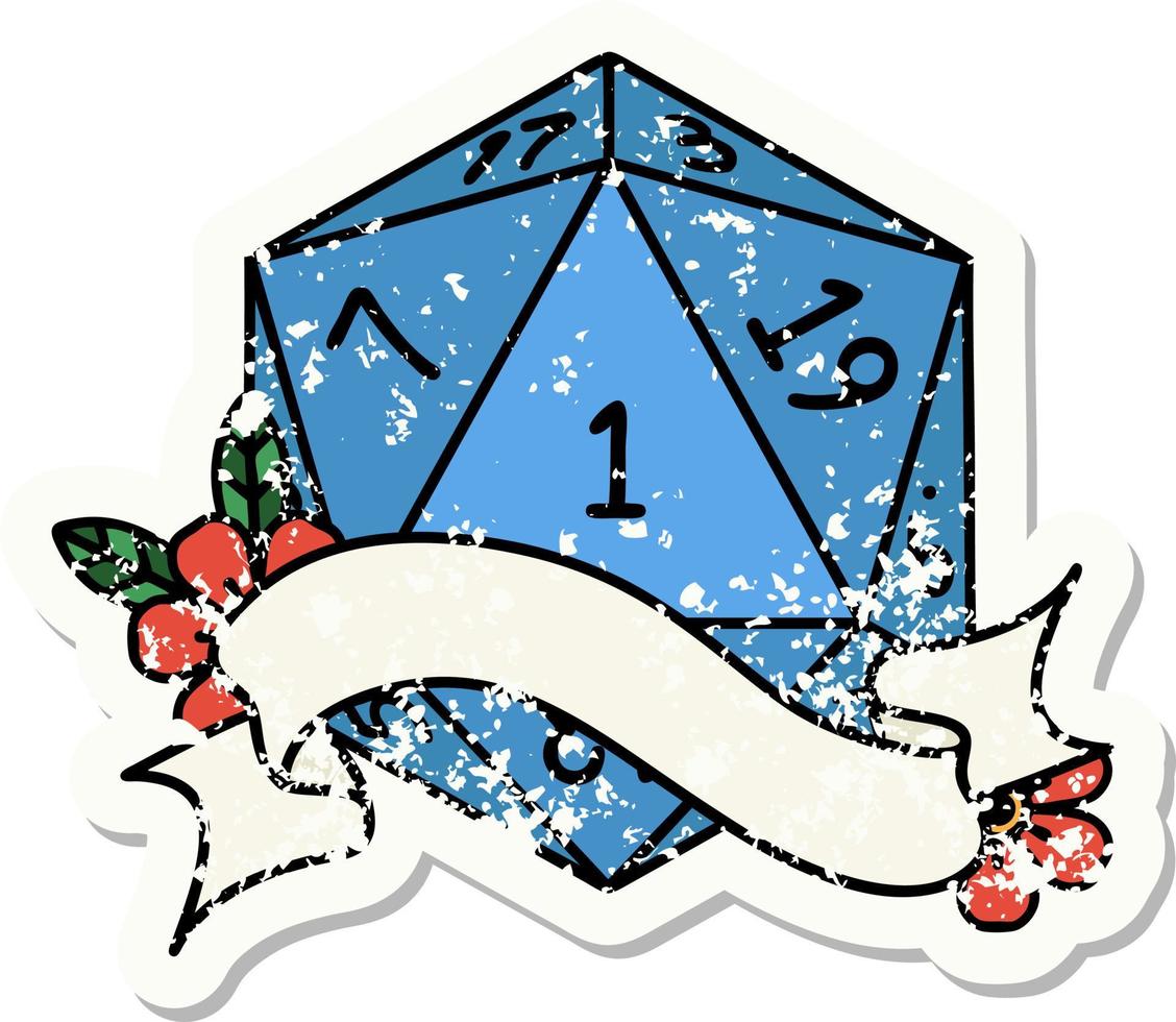 grunge sticker of a natural one d20 dice roll vector