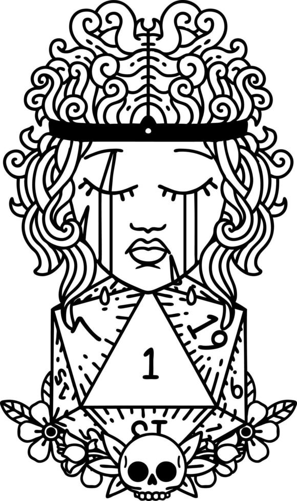 Black and White Tattoo linework Style crying human barbarian with natural one D20 roll vector