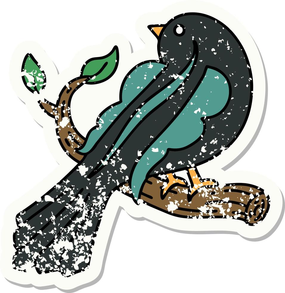 distressed sticker tattoo in traditional style of a bird on a branch vector