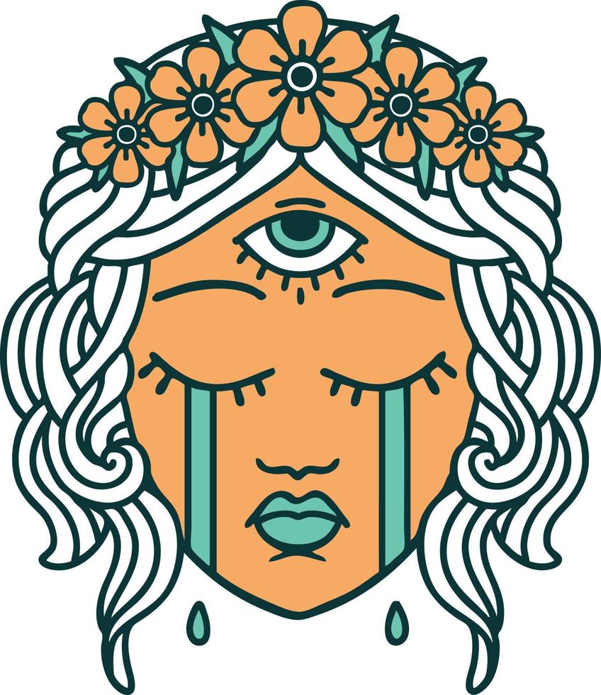 imagen icónica de estilo tatuaje de rostro femenino con místico tercer ojo llorando vector