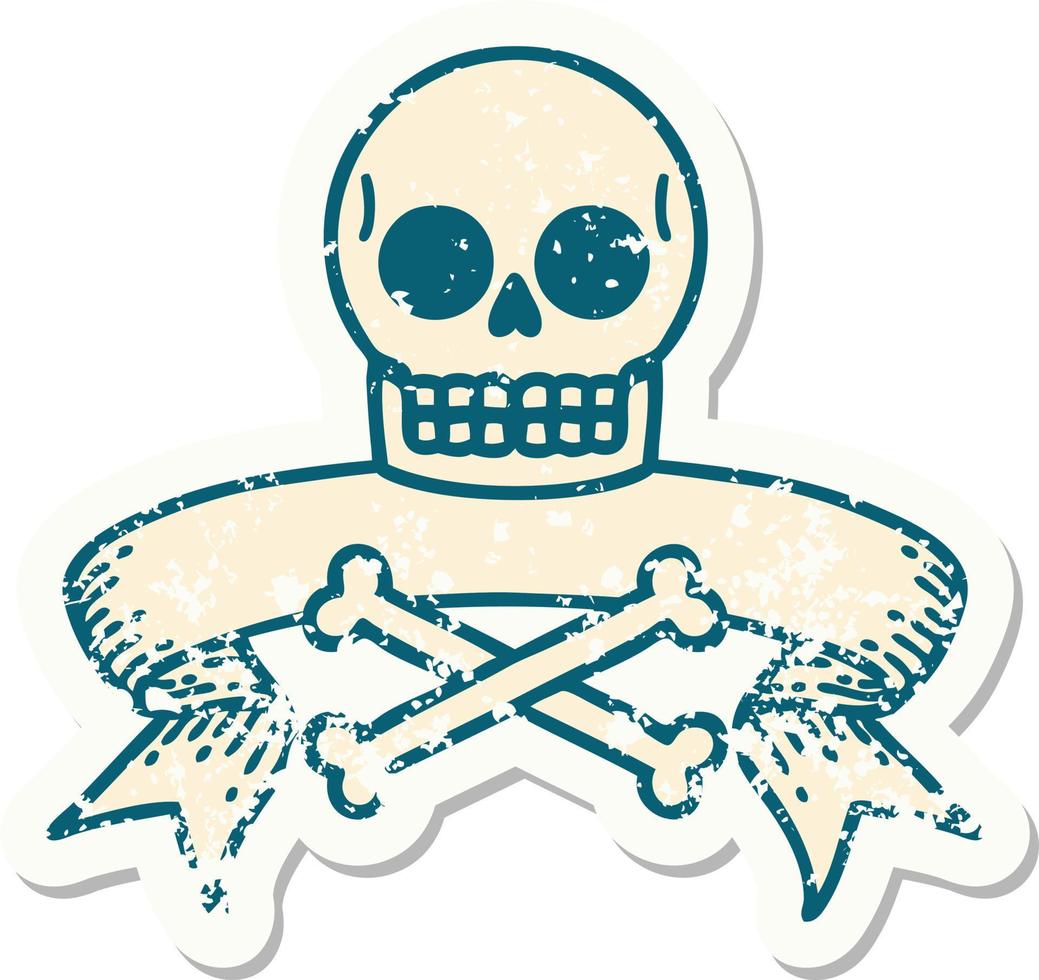 worn old sticker with banner of a skull vector
