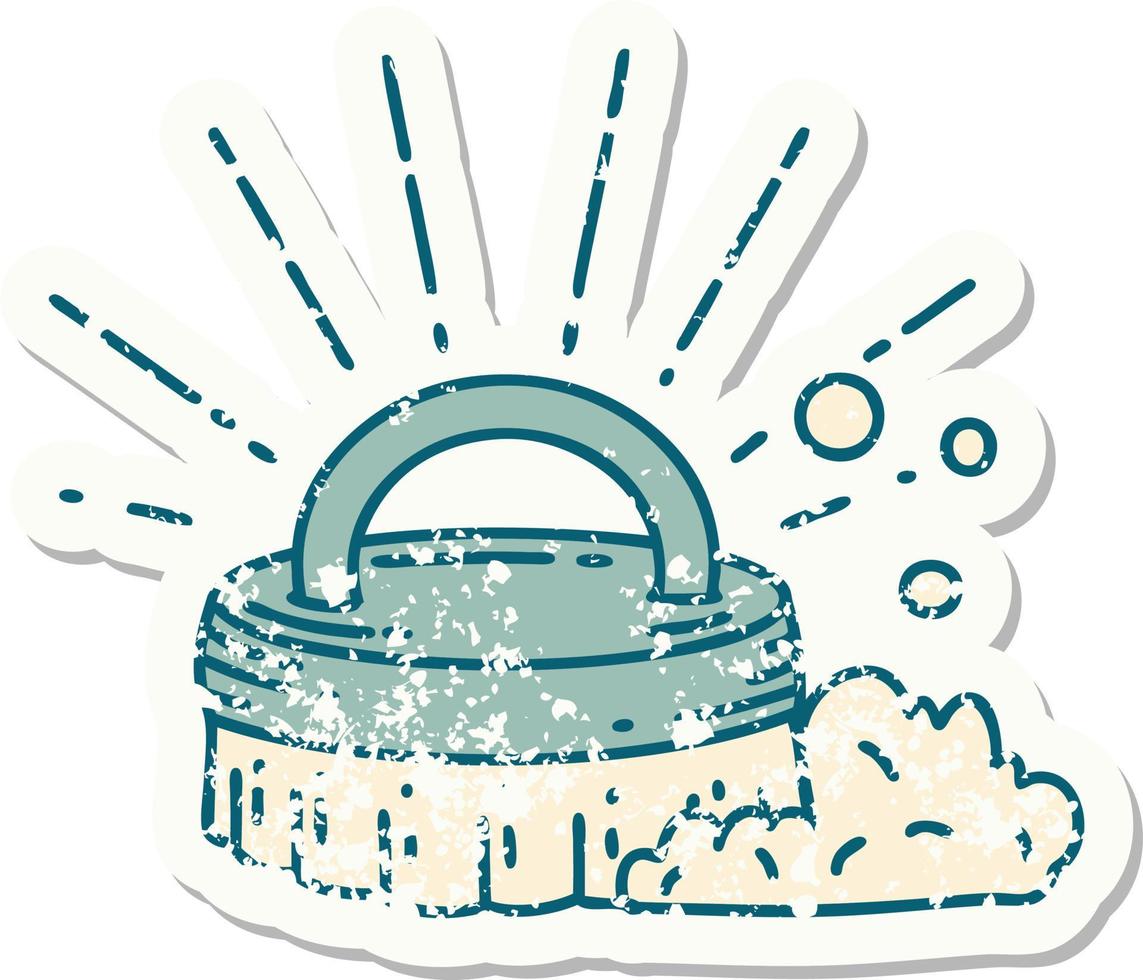 worn old sticker of a tattoo style scrubbing brush vector