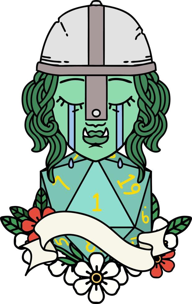 Retro Tattoo Style crying orc fighter character face with natural one d20 roll vector