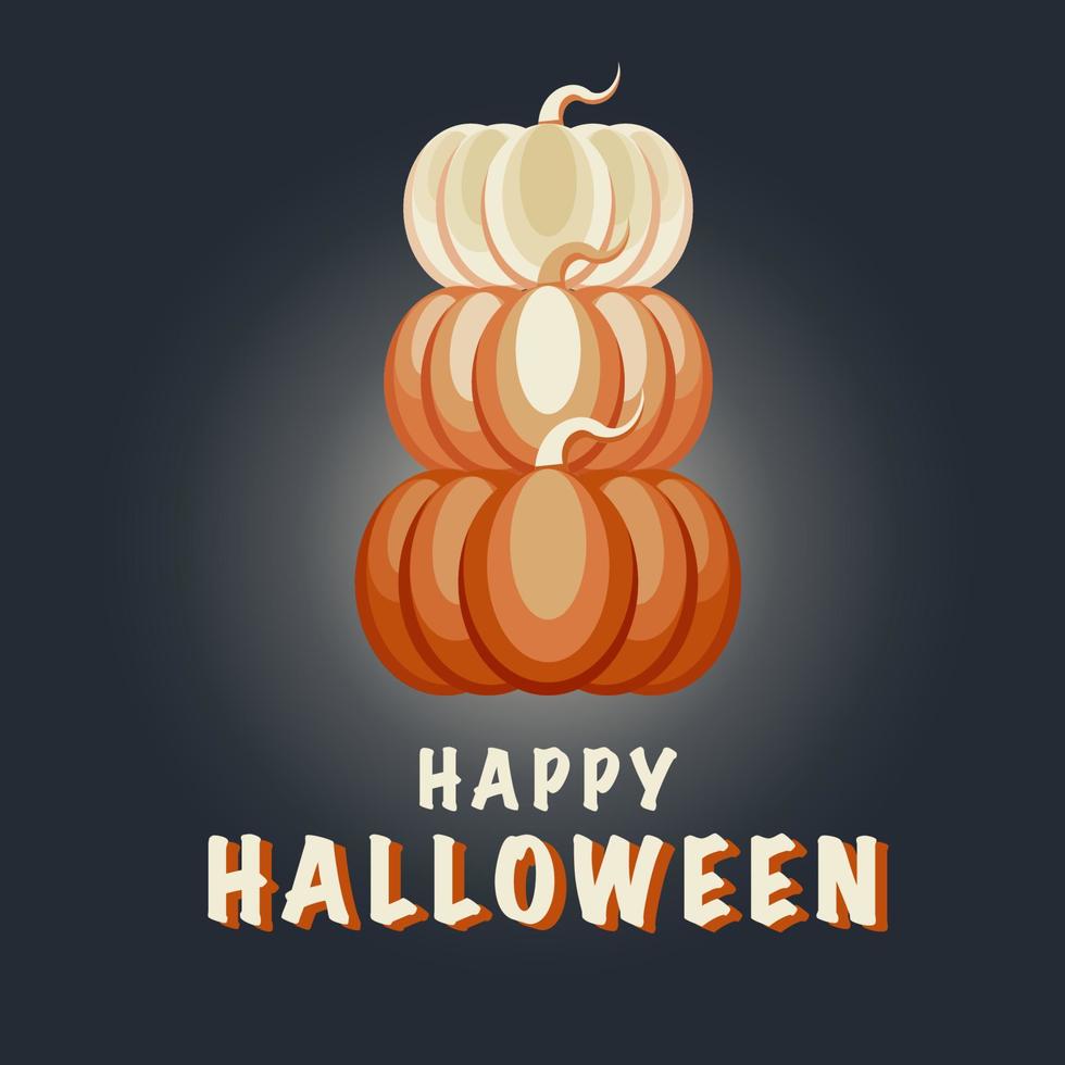 Three pumpkins stand on each other. Happy Halloween text. Halloween banner, poster, greeting card in cartoon flat style. Vector illustration.