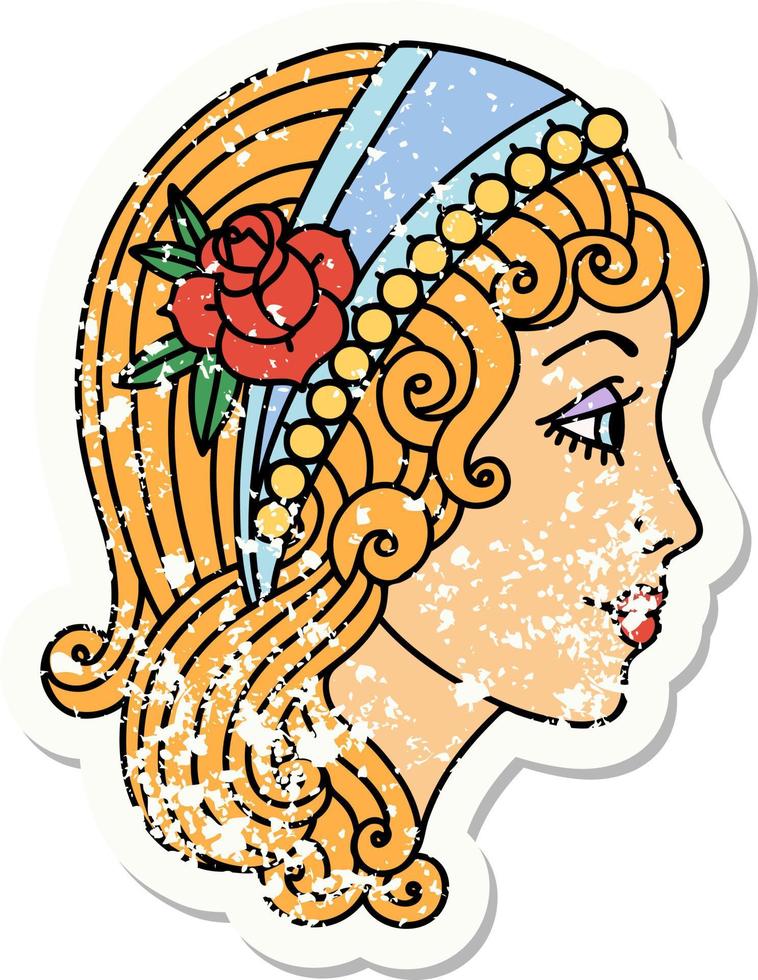 distressed sticker tattoo in traditional style of a gypsy head vector