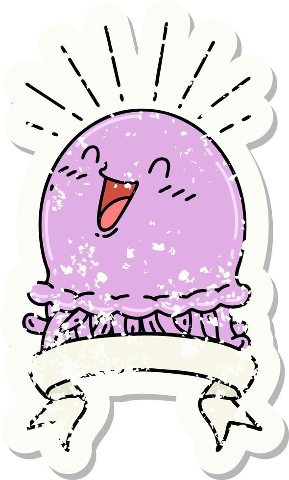worn old sticker of a tattoo style happy jellyfish vector