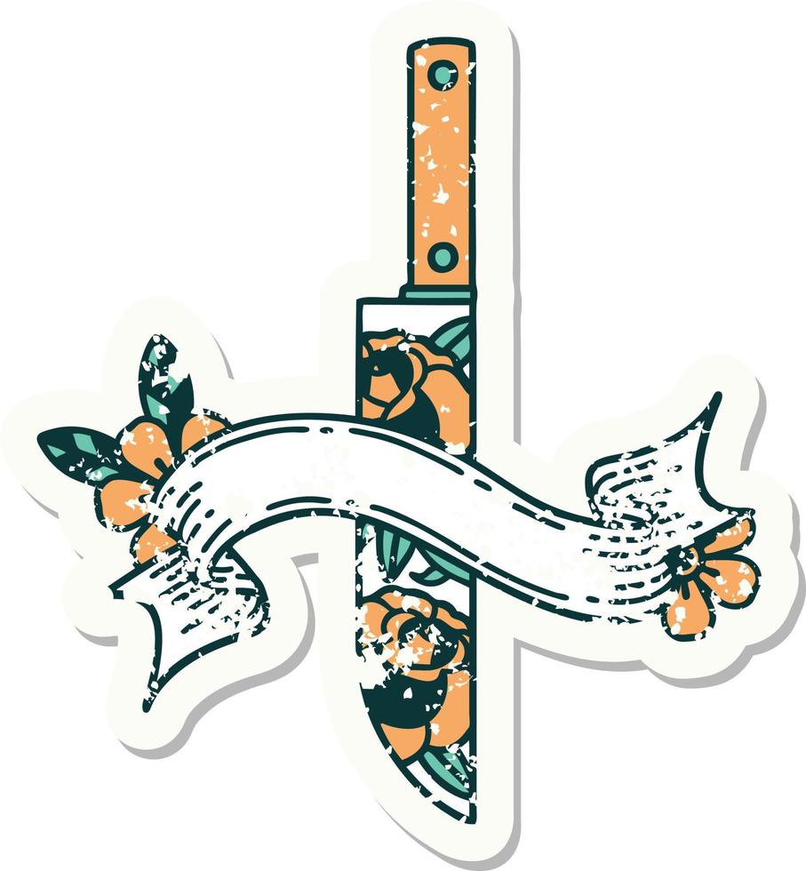 worn old sticker with banner of a dagger and flowers vector