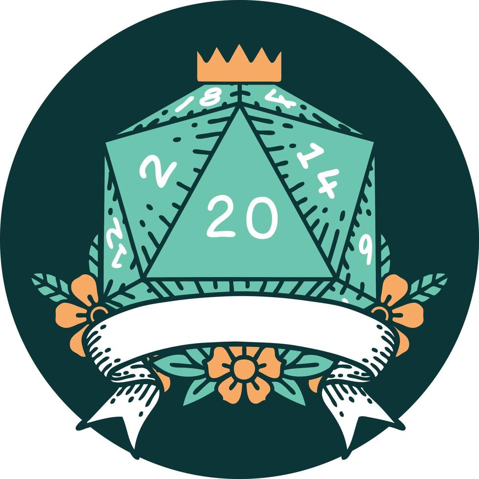 icon of natural 20 critical hit D20 dice roll vector