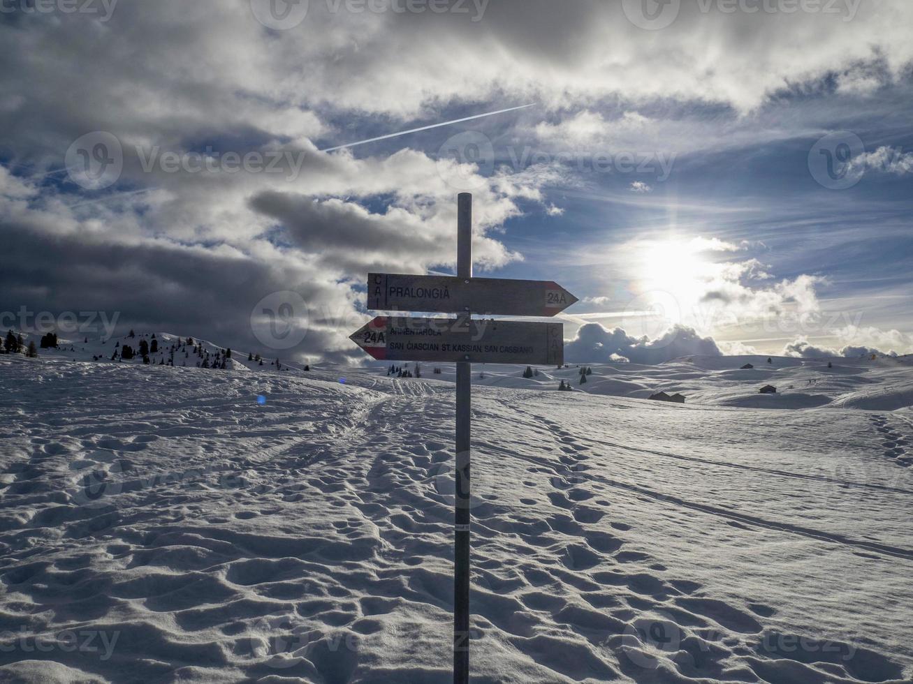 dolomites snow panorama wooden hut val badia armentarola pralongia sign hiking photo