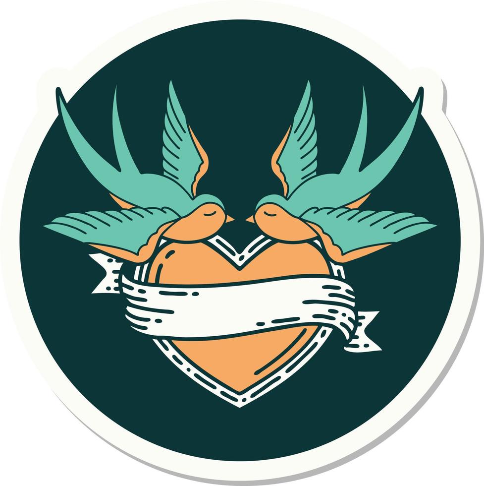sticker of tattoo in traditional style of swallows and a heart with banner vector