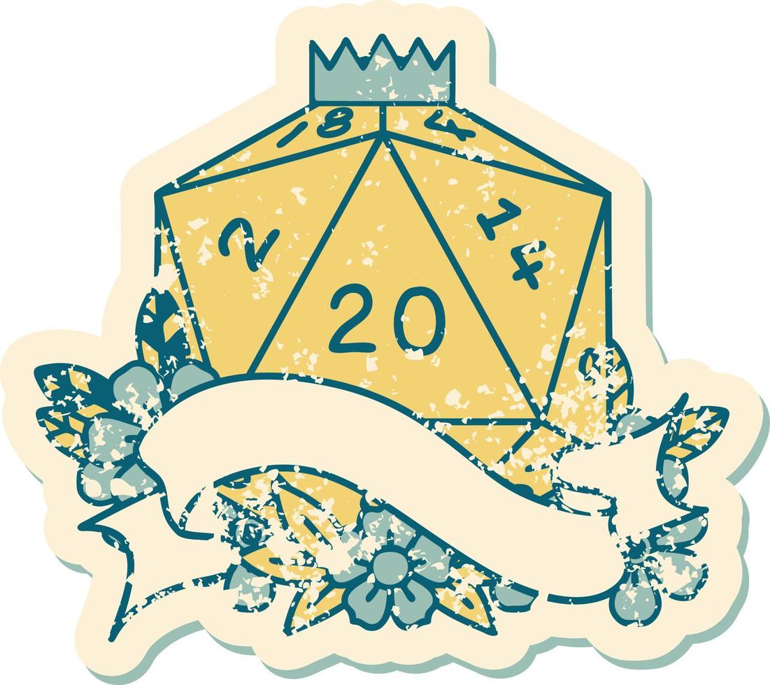 Retro Tattoo Style natural twenty D20 dice roll vector