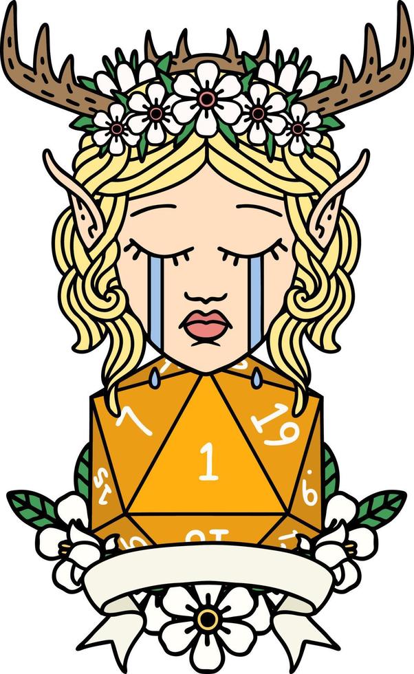 Retro Tattoo Style sad elf druid character face with natural one D20 roll vector