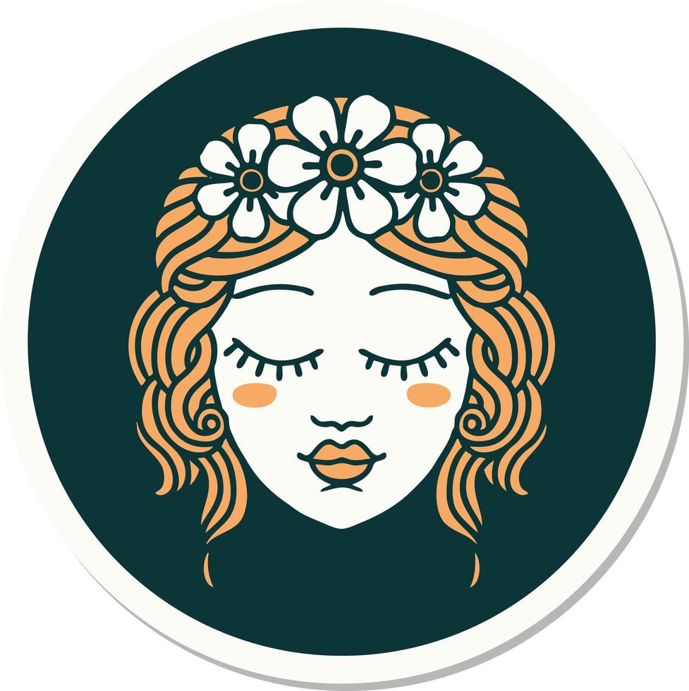 sticker of tattoo in traditional style of female face with eyes closed vector