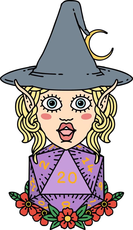 Retro Tattoo Style elf mage character with natural twenty dice roll vector