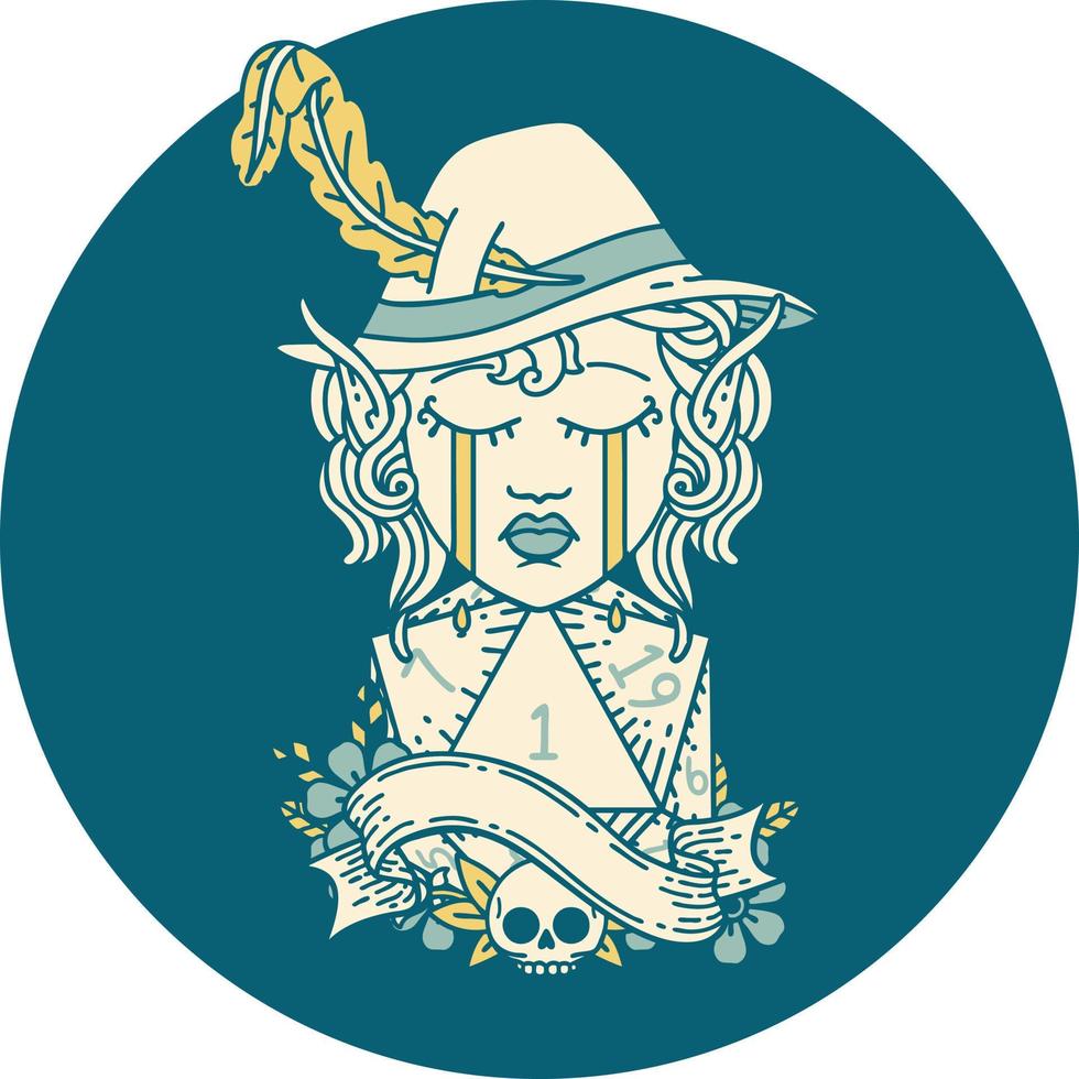 Retro Tattoo Style crying elf bard character face with natural one d20 dice roll vector