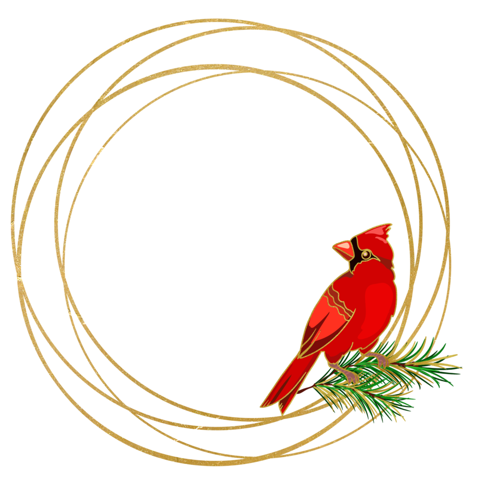 golden round frame with red cardinal, christmas illustration png