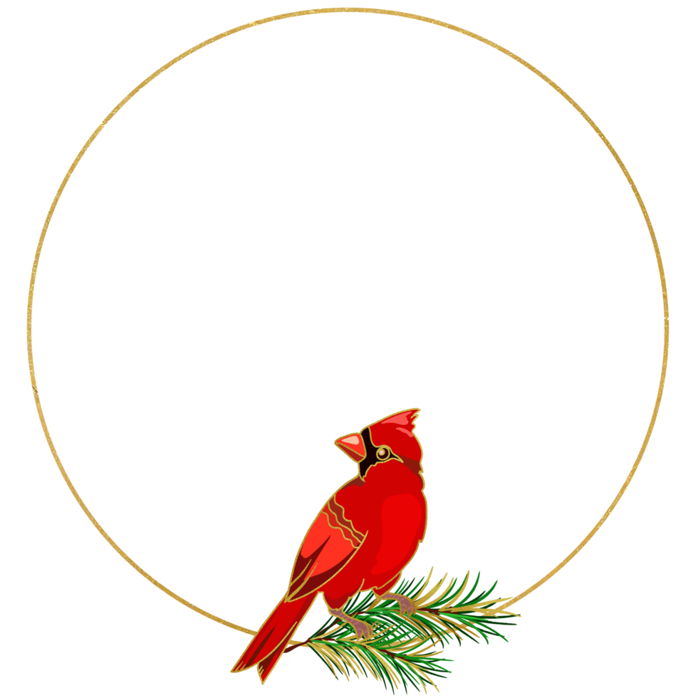 golden round frame with red cardinal, christmas illustration png