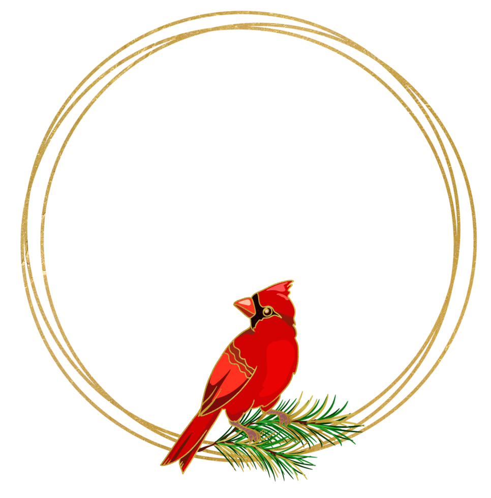 golden round frame with red cardinal, christmas illustration png